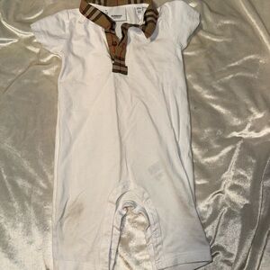 Burberry White Polo Shirt with Tan Plaid Collar